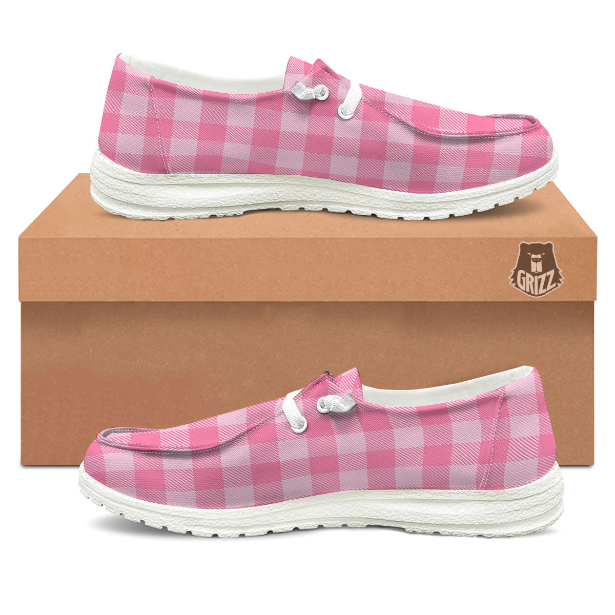Check Pink Print Pattern White Loafers-grizzshop
