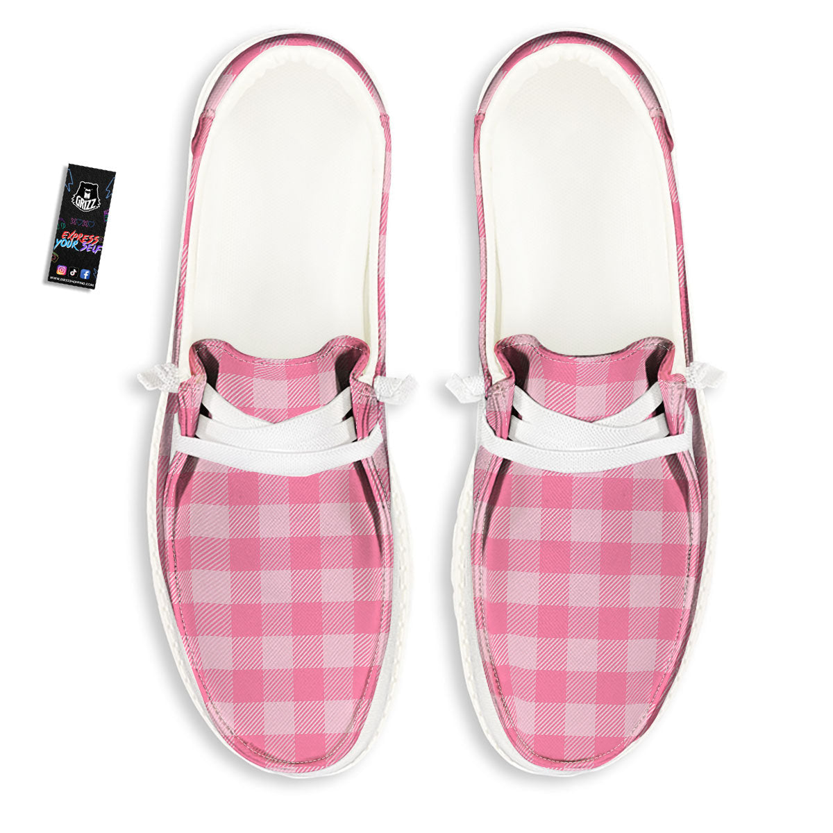 Check Pink Print Pattern White Loafers-grizzshop