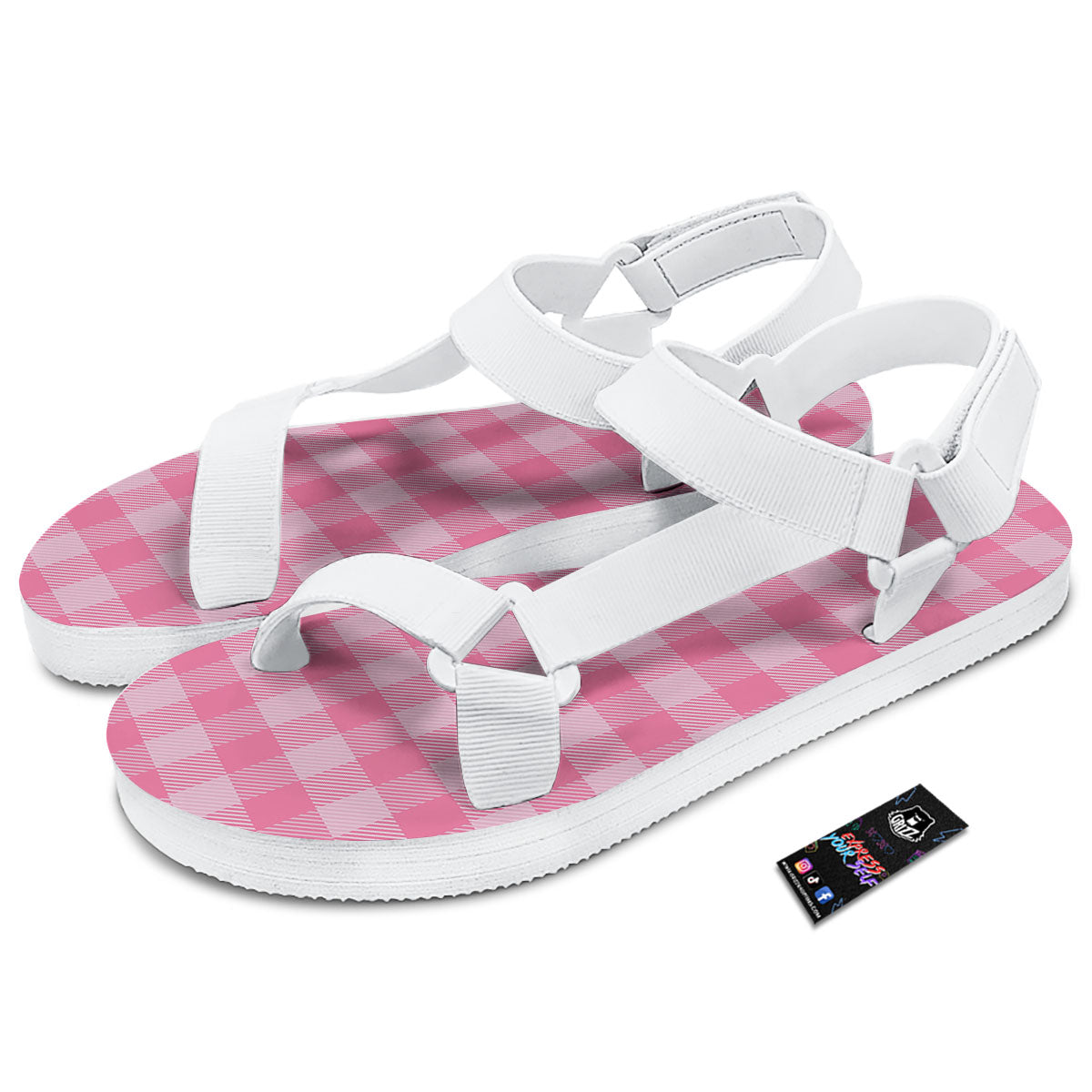 Check Pink Print Pattern White Open Toe Sandals-grizzshop