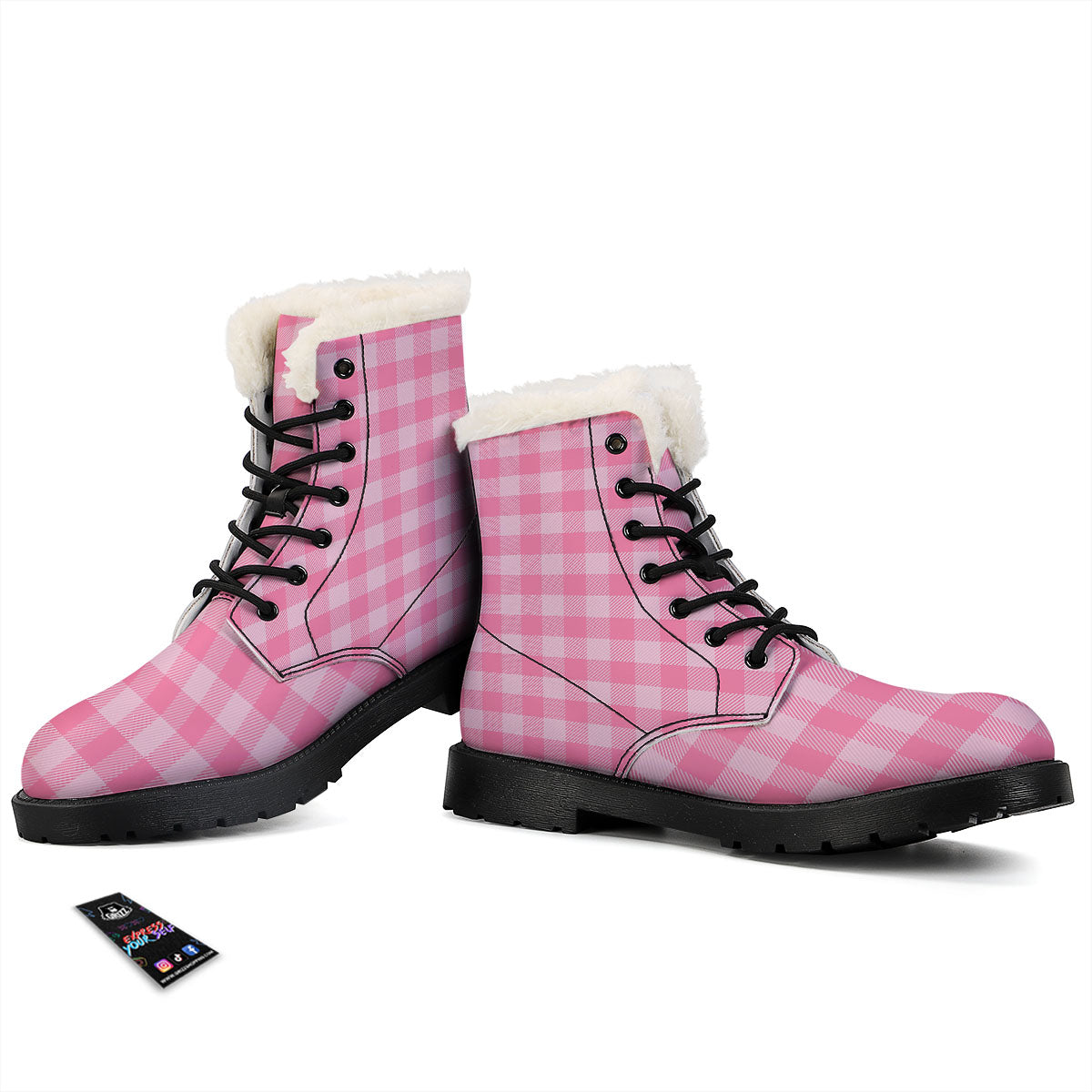 Check Pink Print Pattern Winter Boots-grizzshop