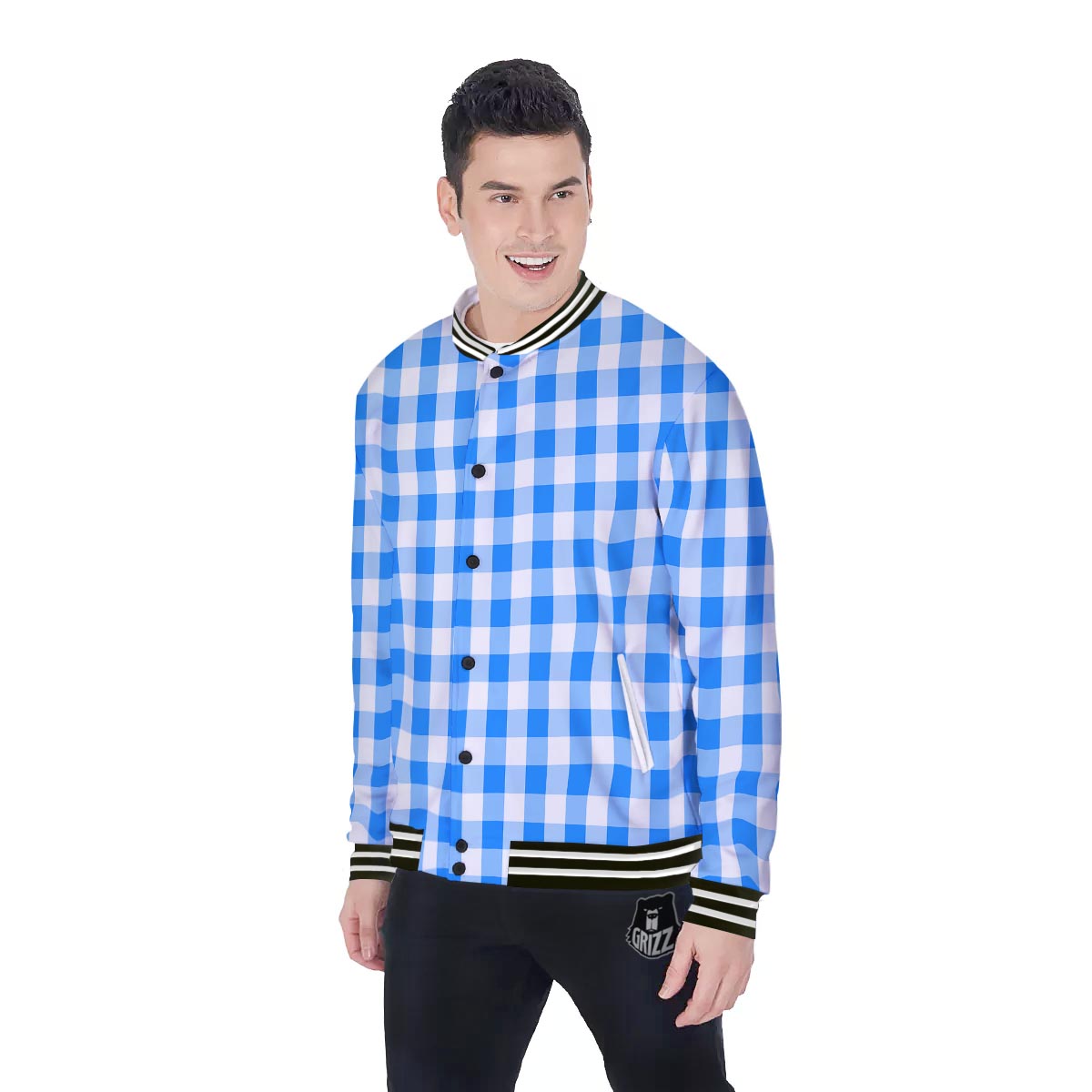 Check Sapphire Blue Print Pattern Baseball Jacket-grizzshop