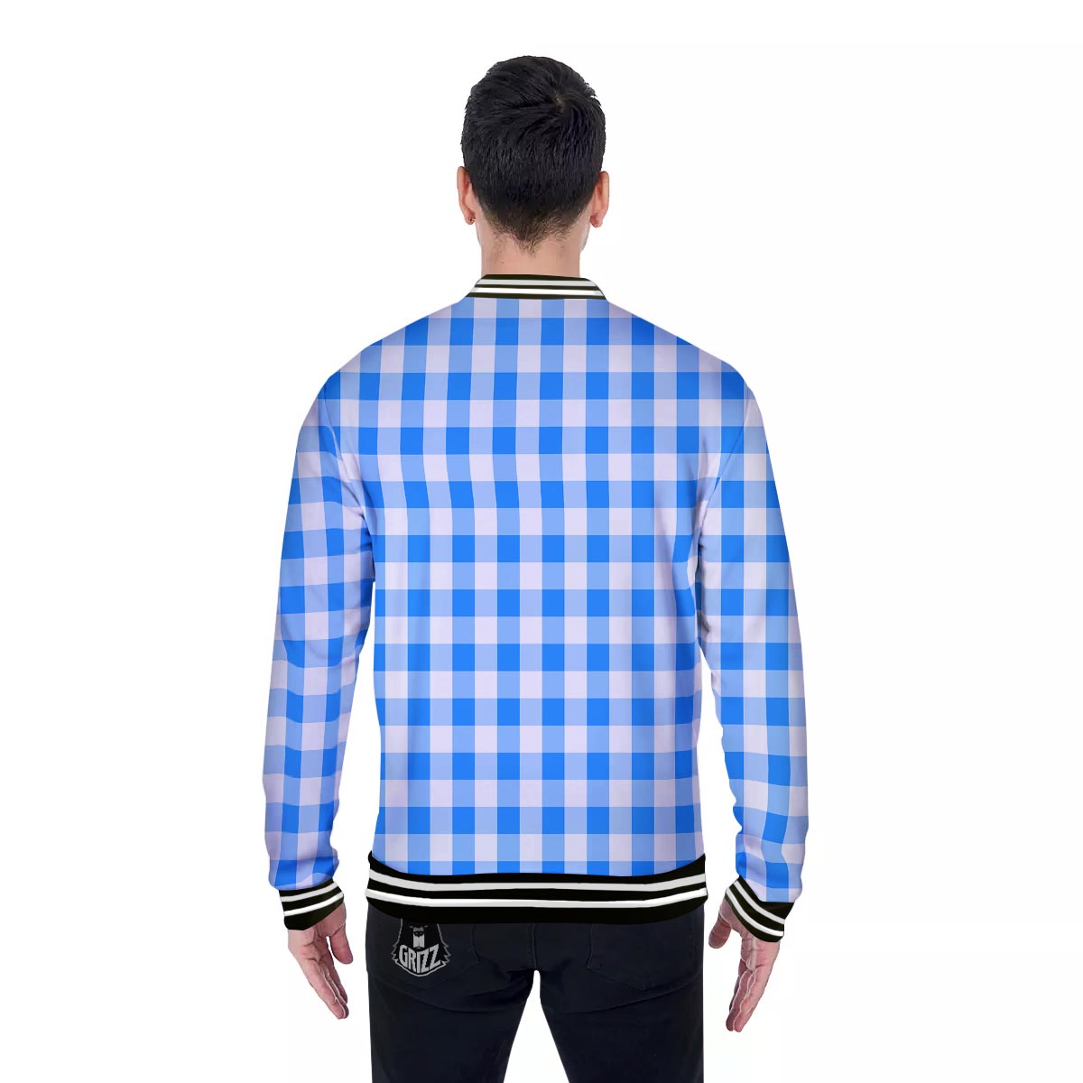 Check Sapphire Blue Print Pattern Baseball Jacket-grizzshop