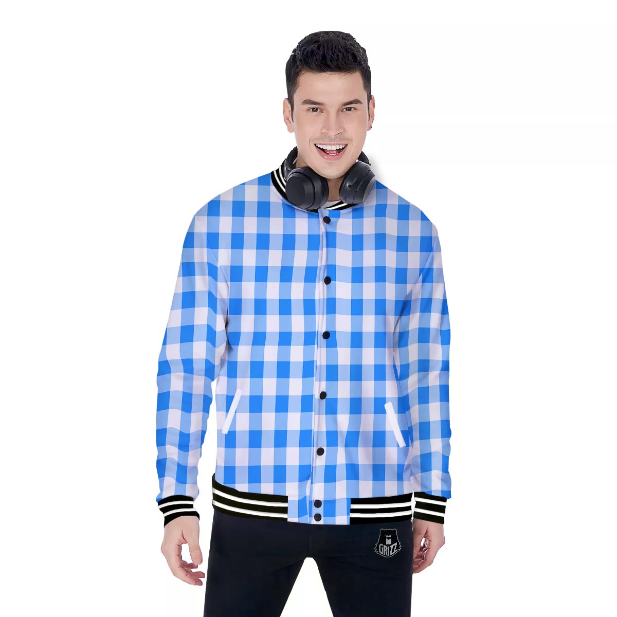 Check Sapphire Blue Print Pattern Baseball Jacket-grizzshop