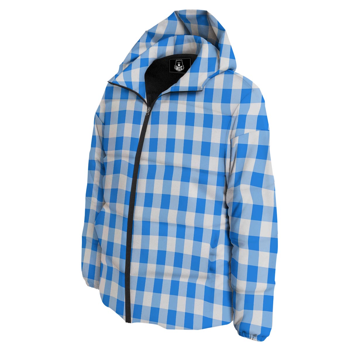 Check Sapphire Blue Print Pattern Down Jacket-grizzshop