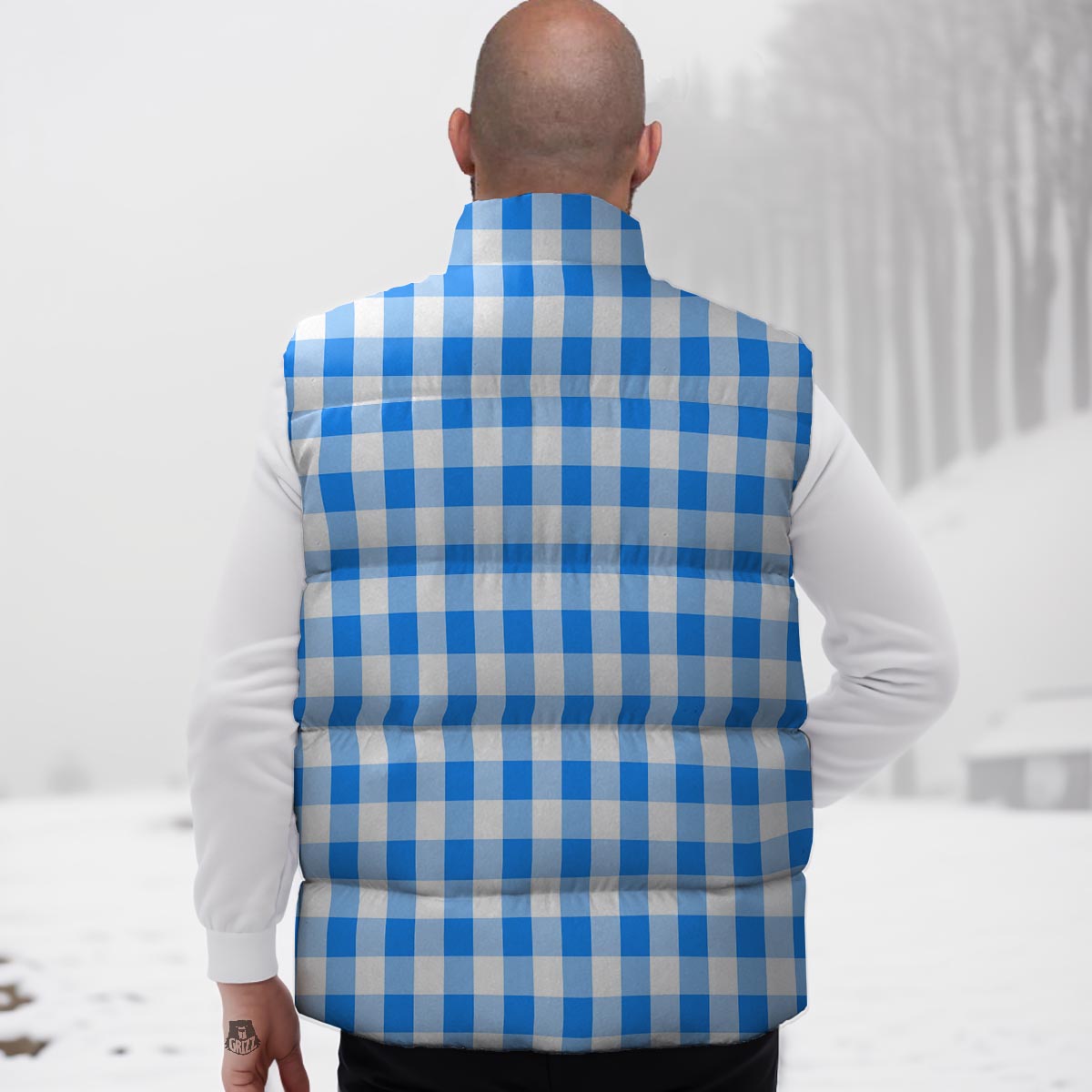 Check Sapphire Blue Print Pattern Down Vest