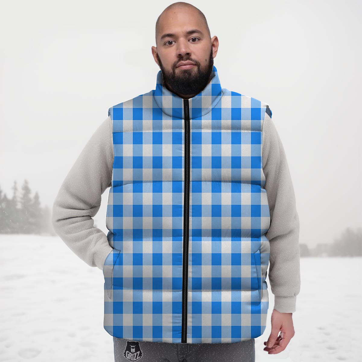 Check Sapphire Blue Print Pattern Down Vest