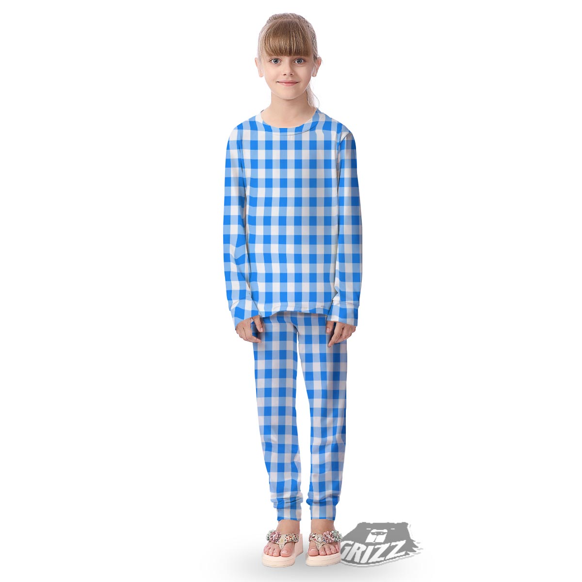 Check Sapphire Blue Print Pattern Kid's Pajamas-grizzshop