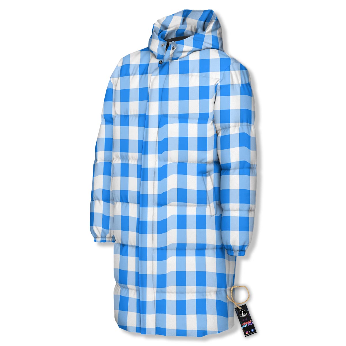 Check Sapphire Blue Print Pattern Long Down Jacket-grizzshop