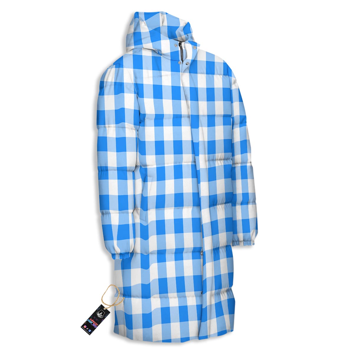 Check Sapphire Blue Print Pattern Long Down Jacket-grizzshop