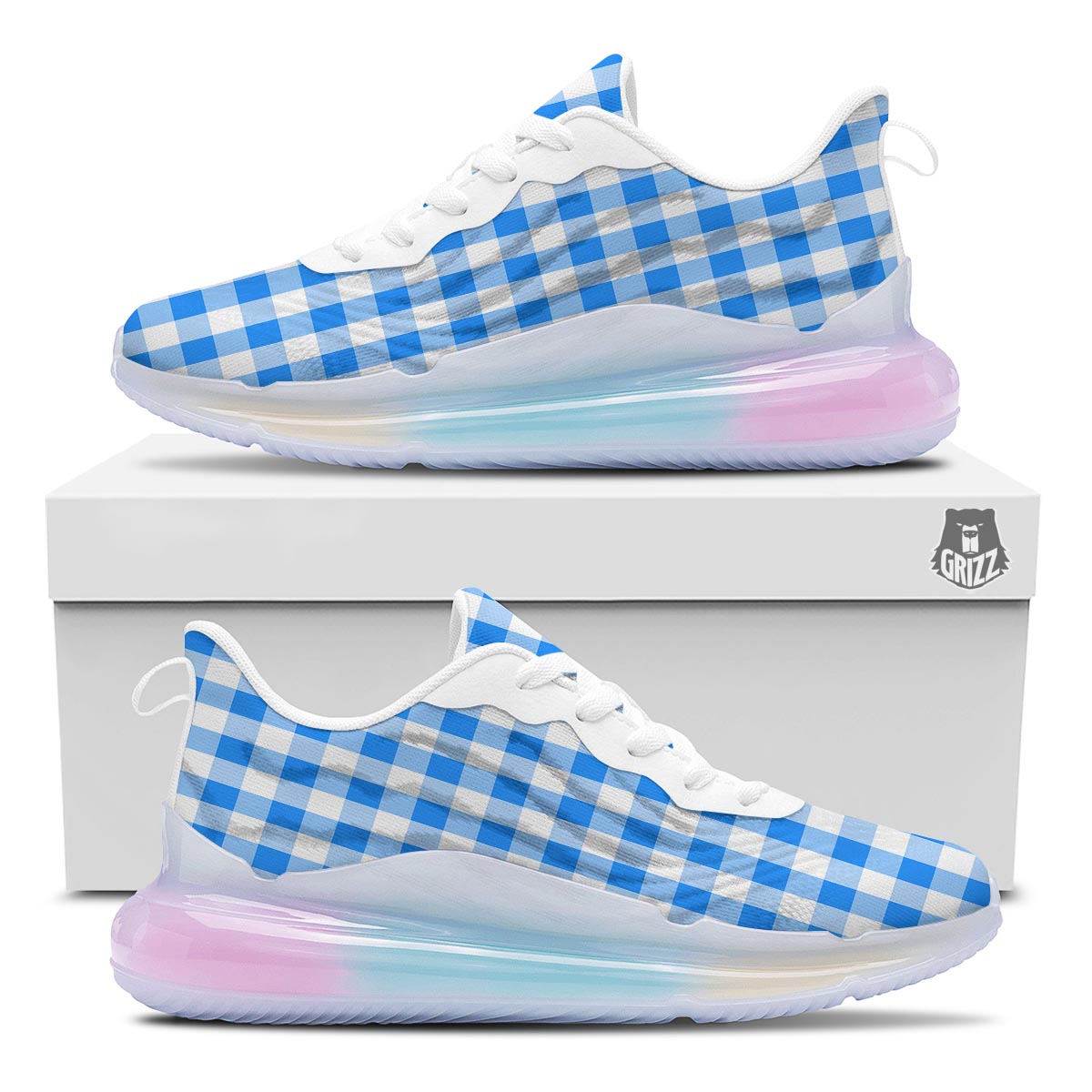 Check Sapphire Blue Print Pattern Running Sneakers-grizzshop