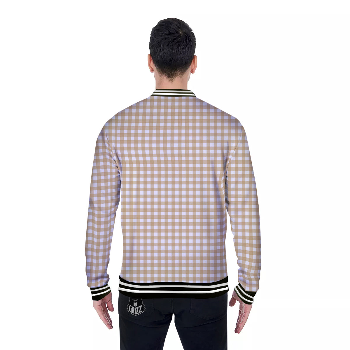 Check White And Beige Print Pattern Baseball Jacket-grizzshop