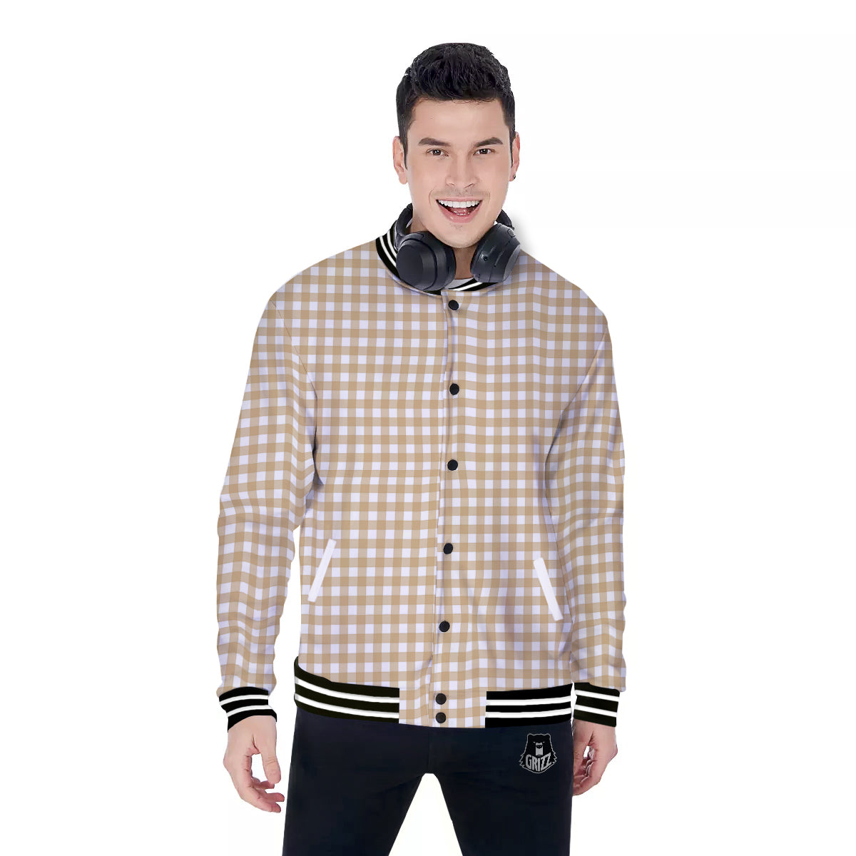 Check White And Beige Print Pattern Baseball Jacket-grizzshop
