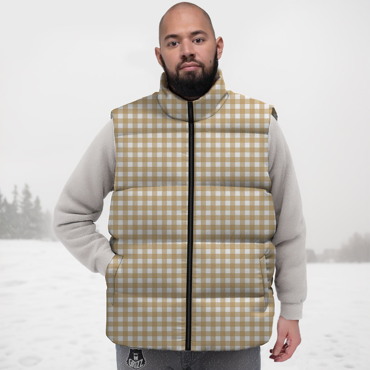 Check White And Beige Print Pattern Down Vest