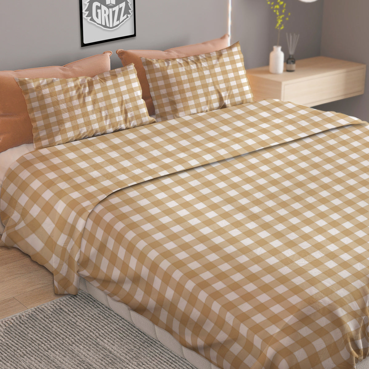 Check White And Beige Print Pattern Duvet Cover Bedding Set