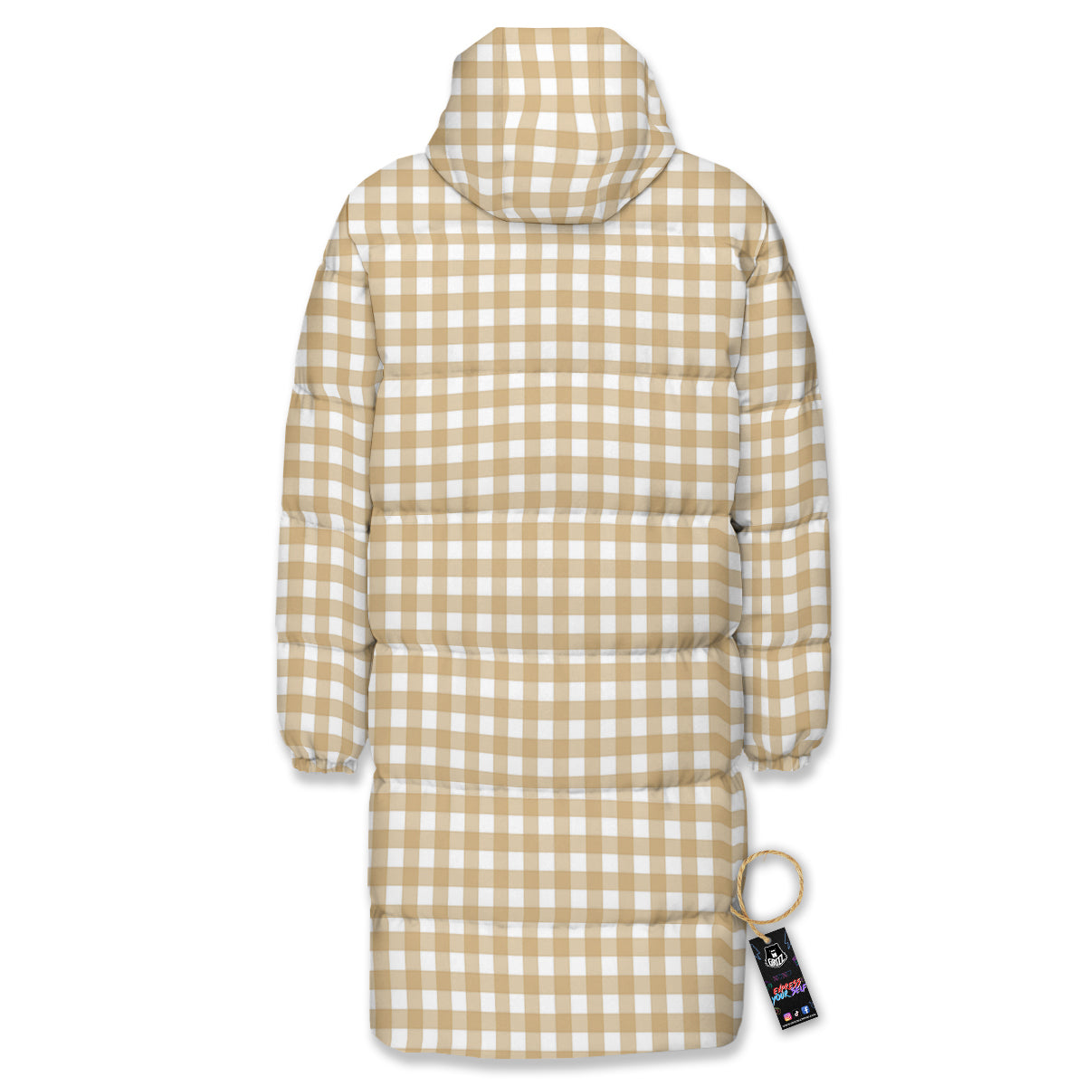 Check White And Beige Print Pattern Long Down Jacket-grizzshop