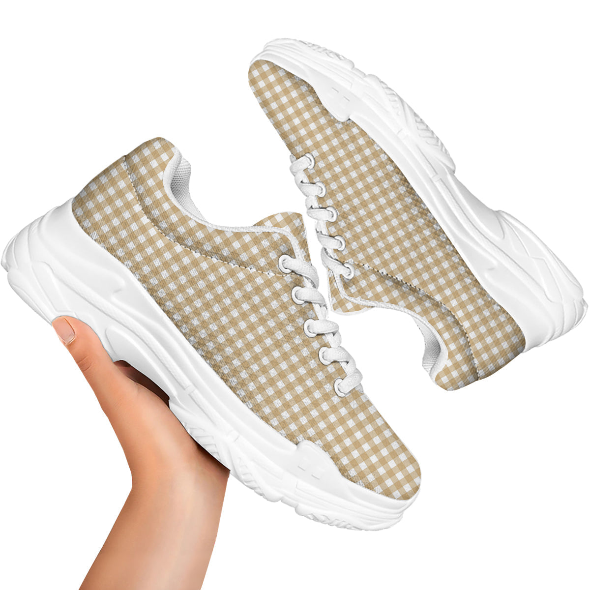 Check White And Beige Print Pattern White Chunky Shoes-grizzshop