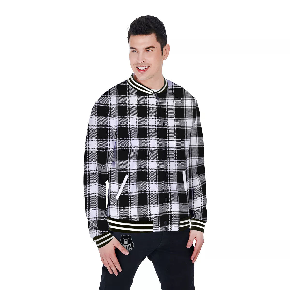Check White And Black Print Pattern Baseball Jacket-grizzshop