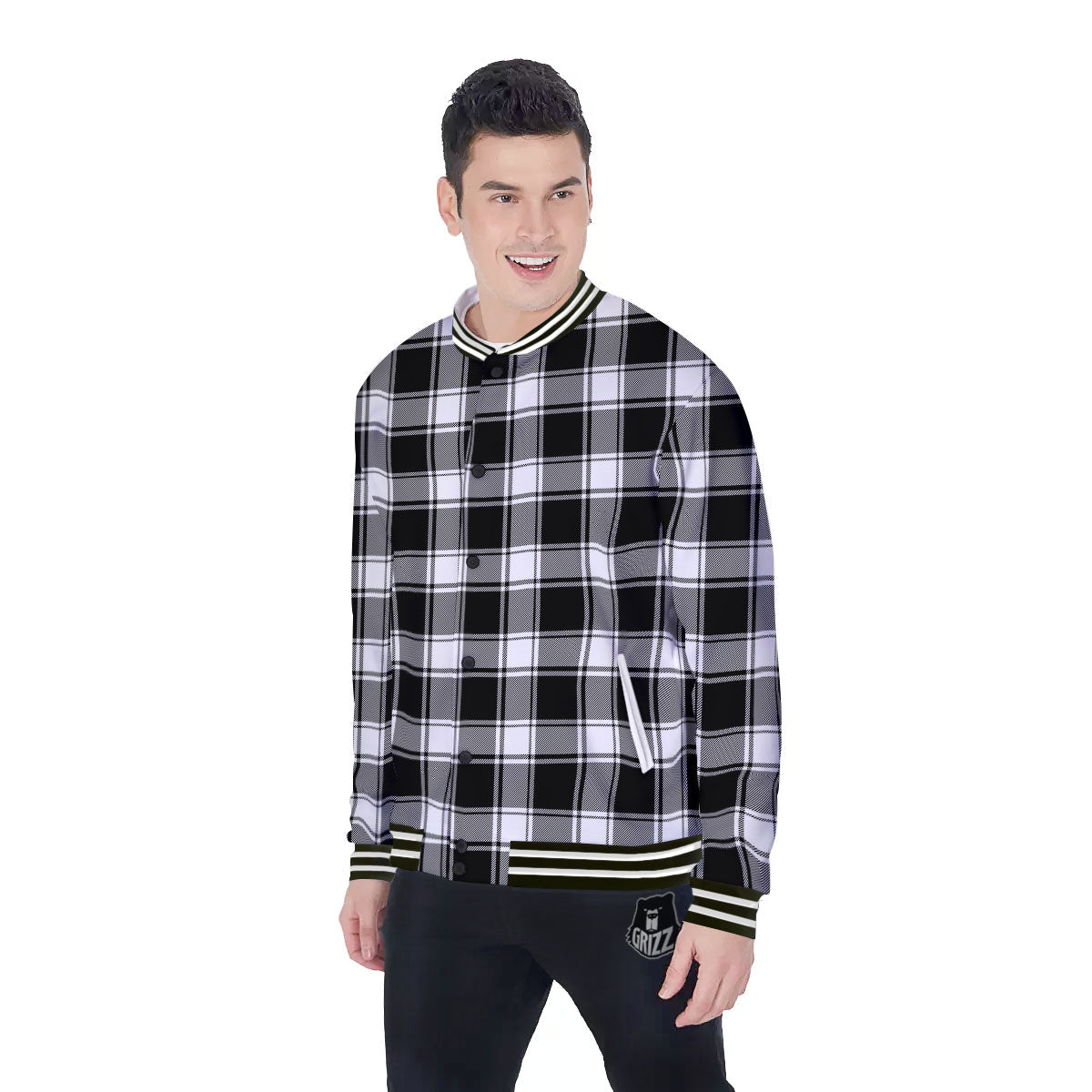 Check White And Black Print Pattern Baseball Jacket-grizzshop