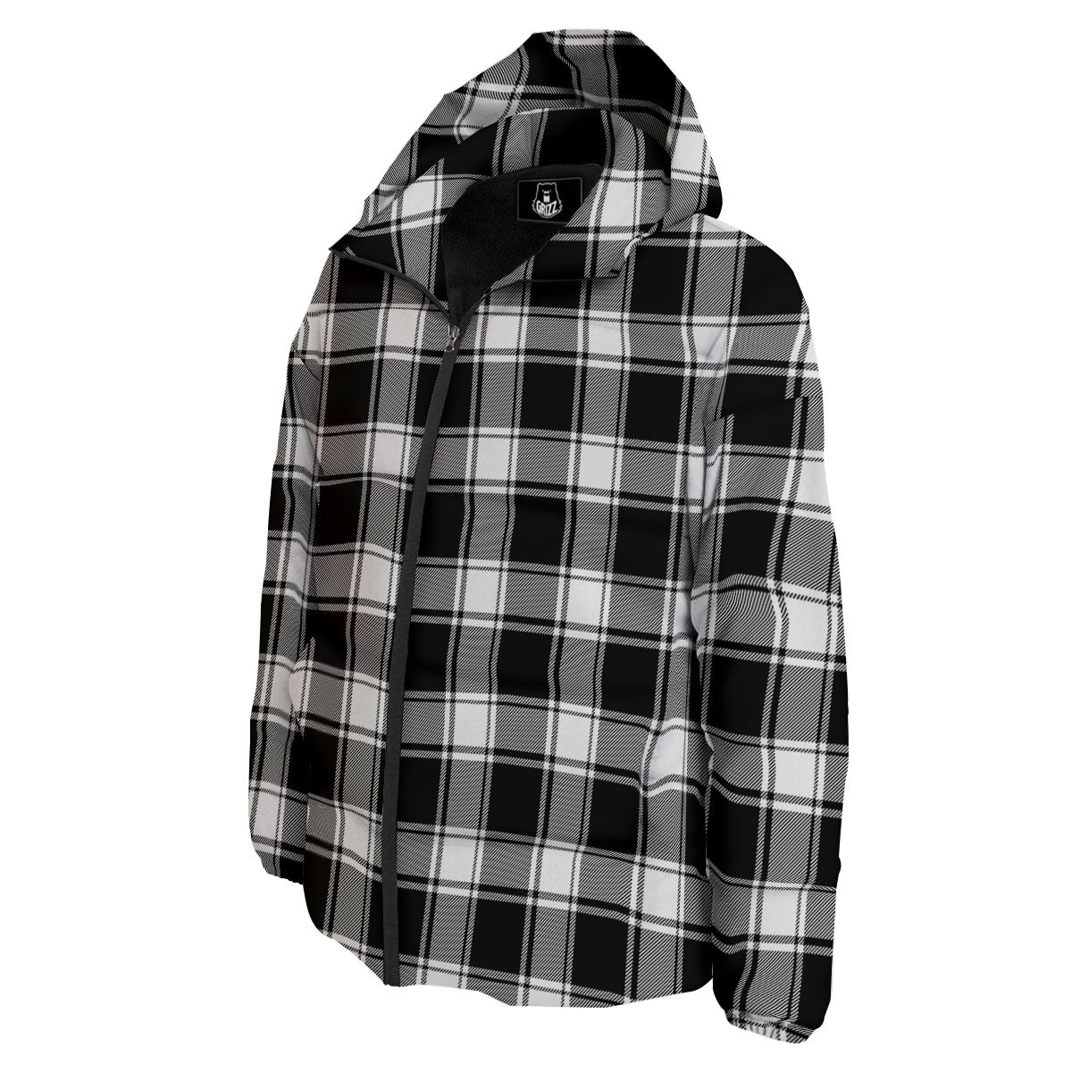 Check White And Black Print Pattern Down Jacket-grizzshop