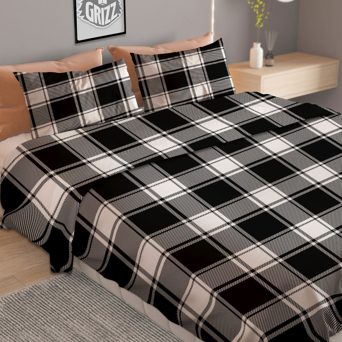 Check White And Black Print Pattern Duvet Cover Bedding Set