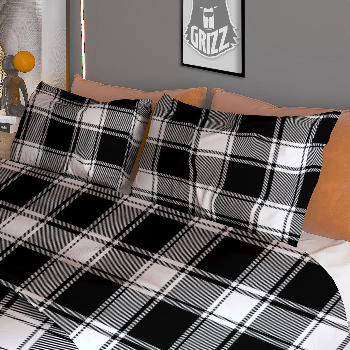 Check White And Black Print Pattern Duvet Cover Bedding Set