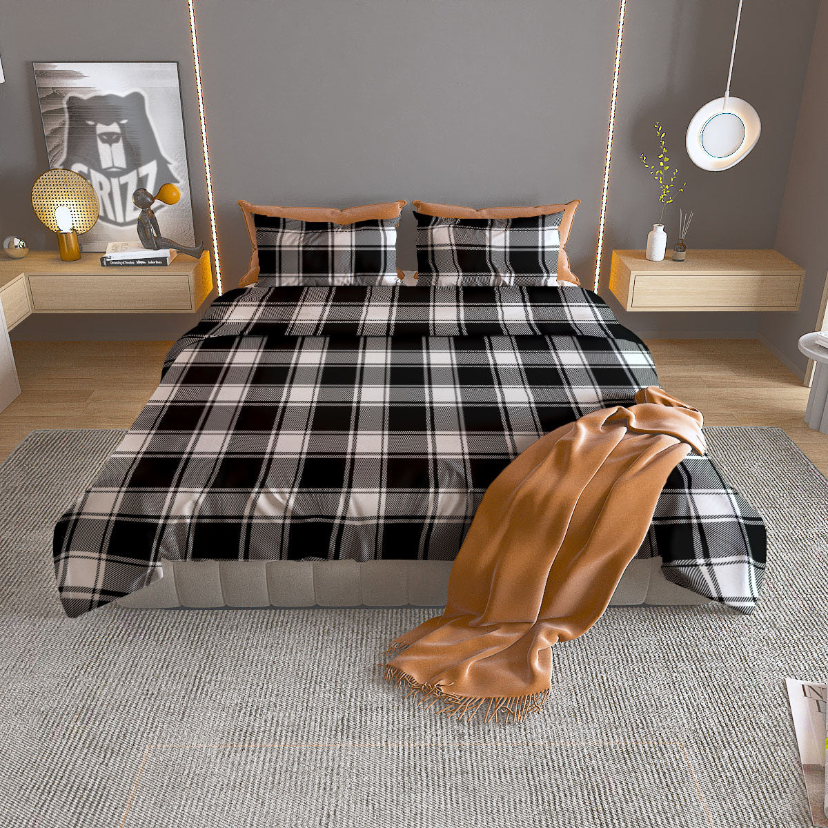 Check White And Black Print Pattern Duvet Cover Bedding Set