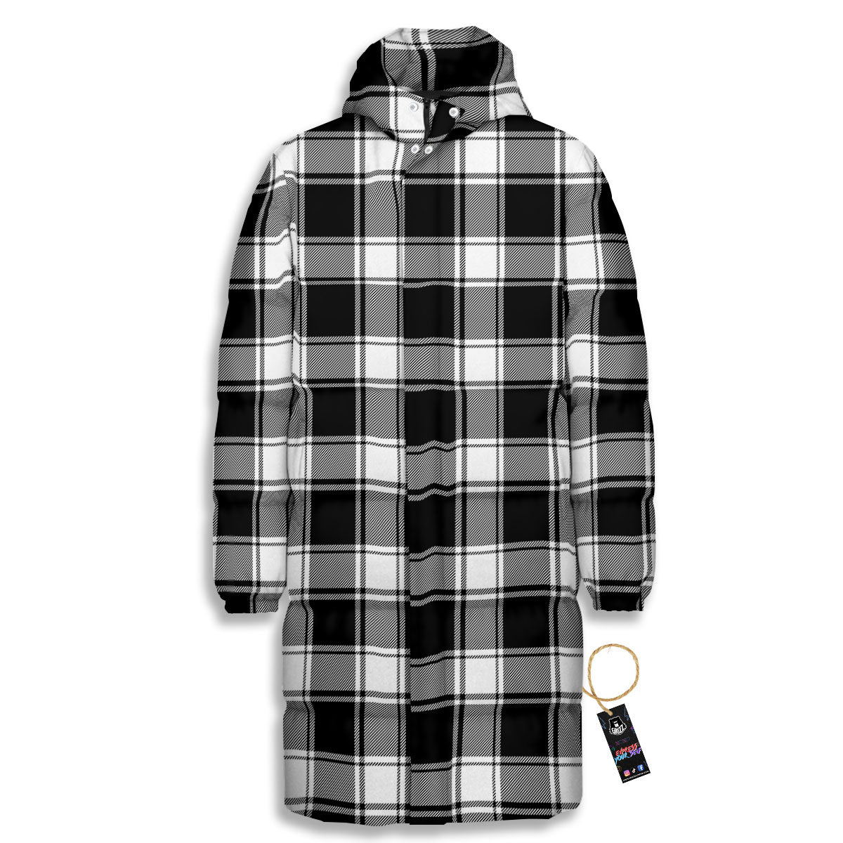 Check White And Black Print Pattern Long Down Jacket-grizzshop