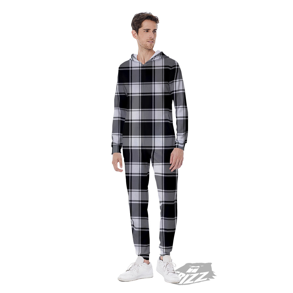 Check White And Black Print Pattern Men's Jumpsuit-grizzshop