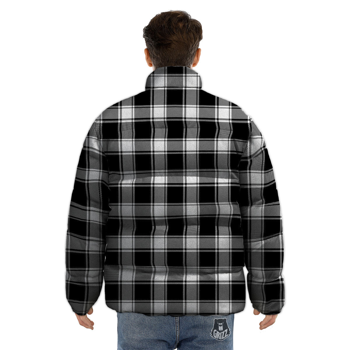 Check White And Black Print Pattern Puffer Jacket-grizzshop