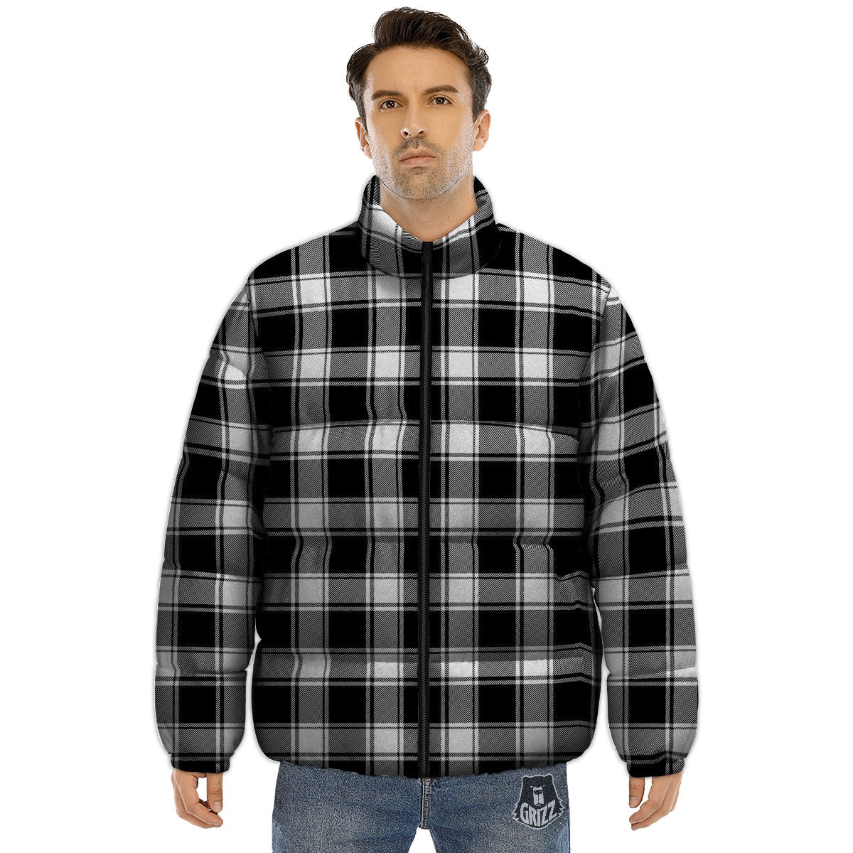 Check White And Black Print Pattern Puffer Jacket-grizzshop