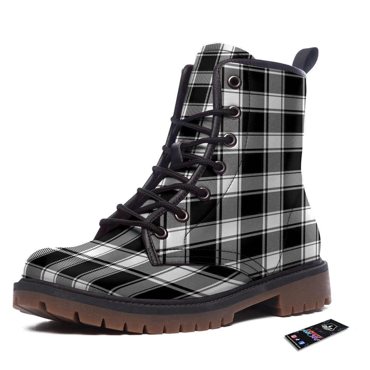 Check White And Black Print Pattern Work Boots-grizzshop