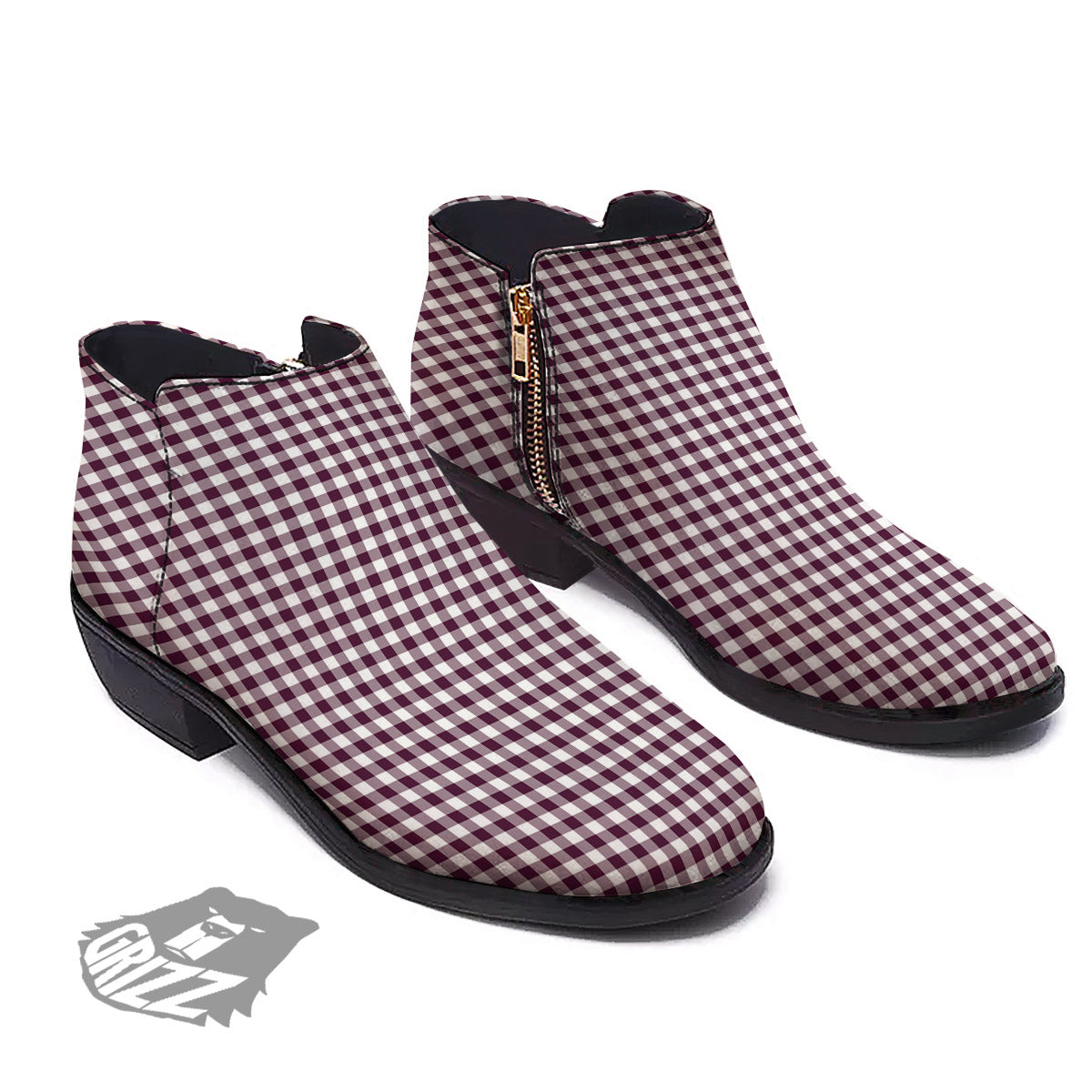 Check White And Burgundy Print Pattern Ankle Boots-grizzshop
