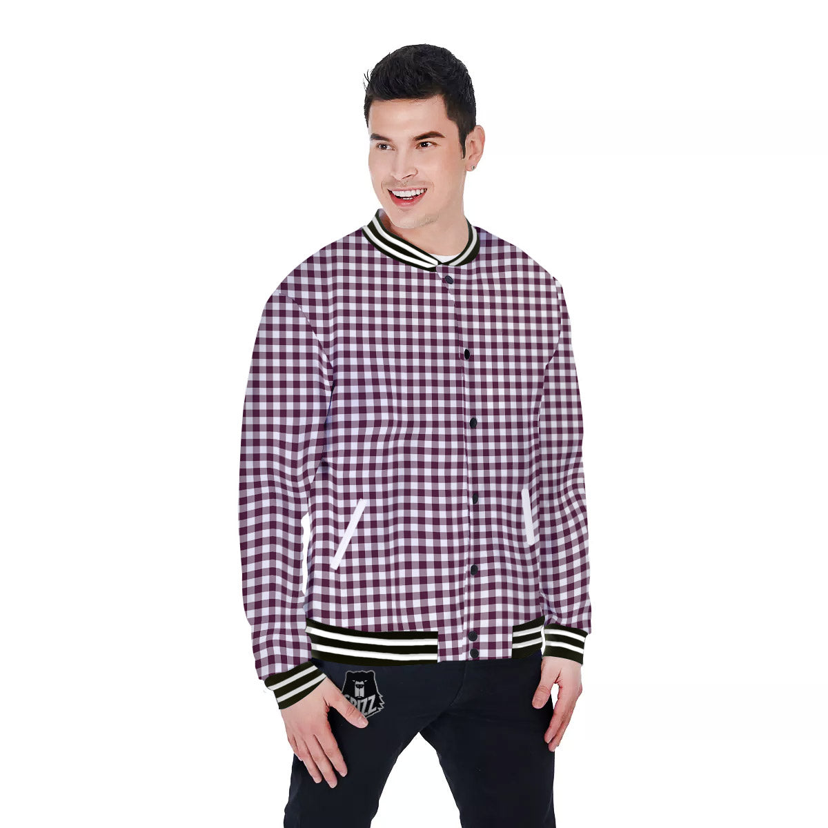 Check White And Burgundy Print Pattern Baseball Jacket-grizzshop