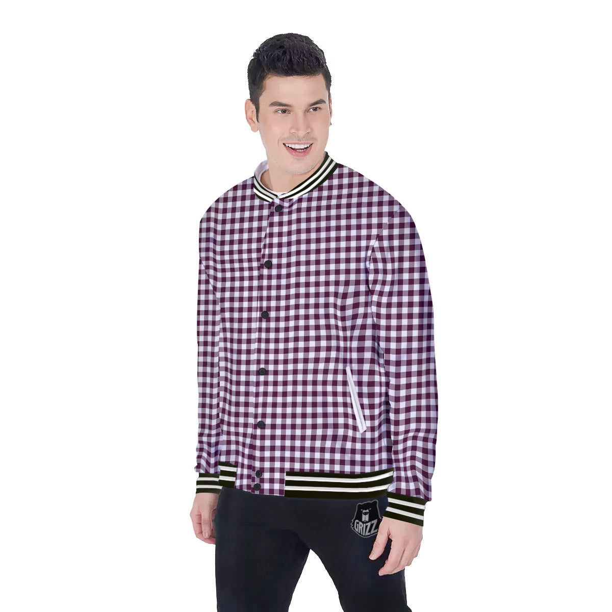 Check White And Burgundy Print Pattern Baseball Jacket-grizzshop