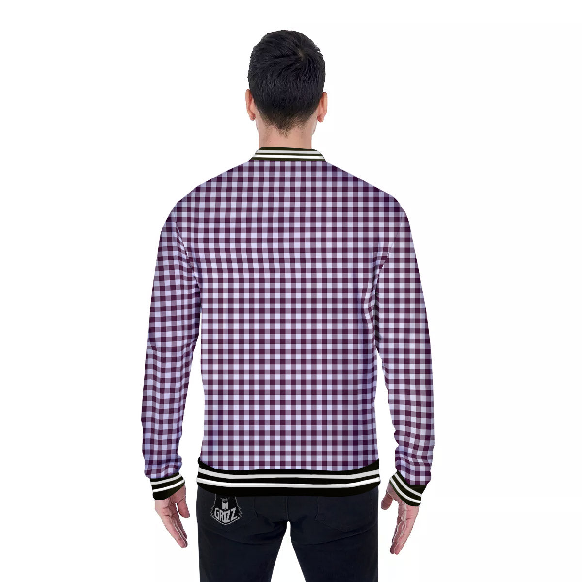 Check White And Burgundy Print Pattern Baseball Jacket-grizzshop