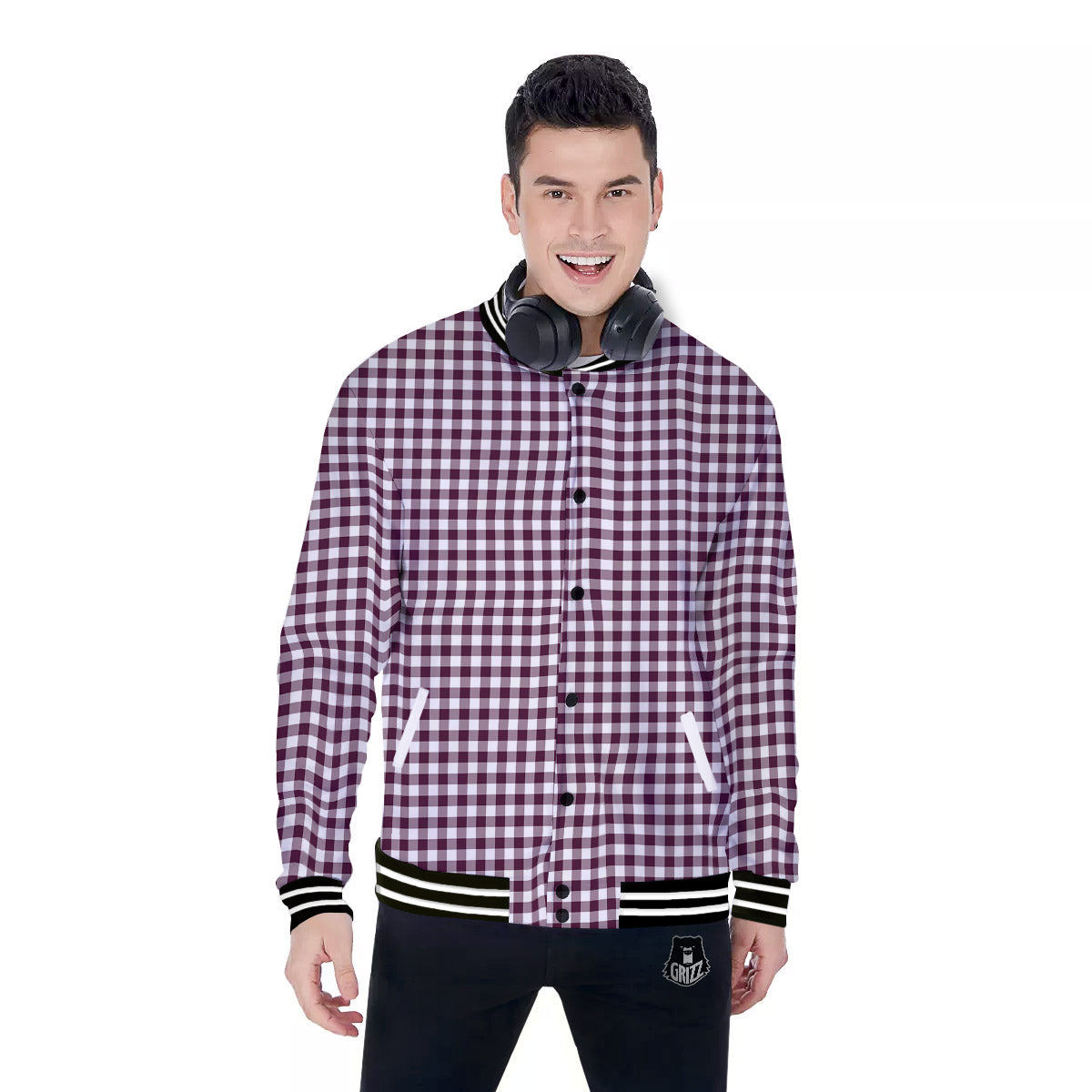 Check White And Burgundy Print Pattern Baseball Jacket-grizzshop