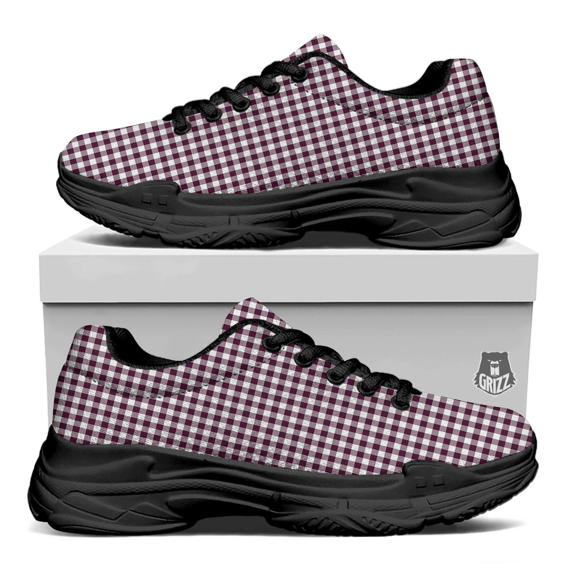 Check White And Burgundy Print Pattern Black Chunky Shoes-grizzshop