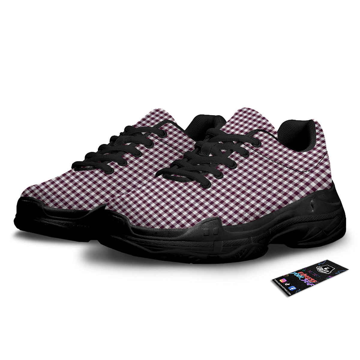 Check White And Burgundy Print Pattern Black Chunky Shoes-grizzshop