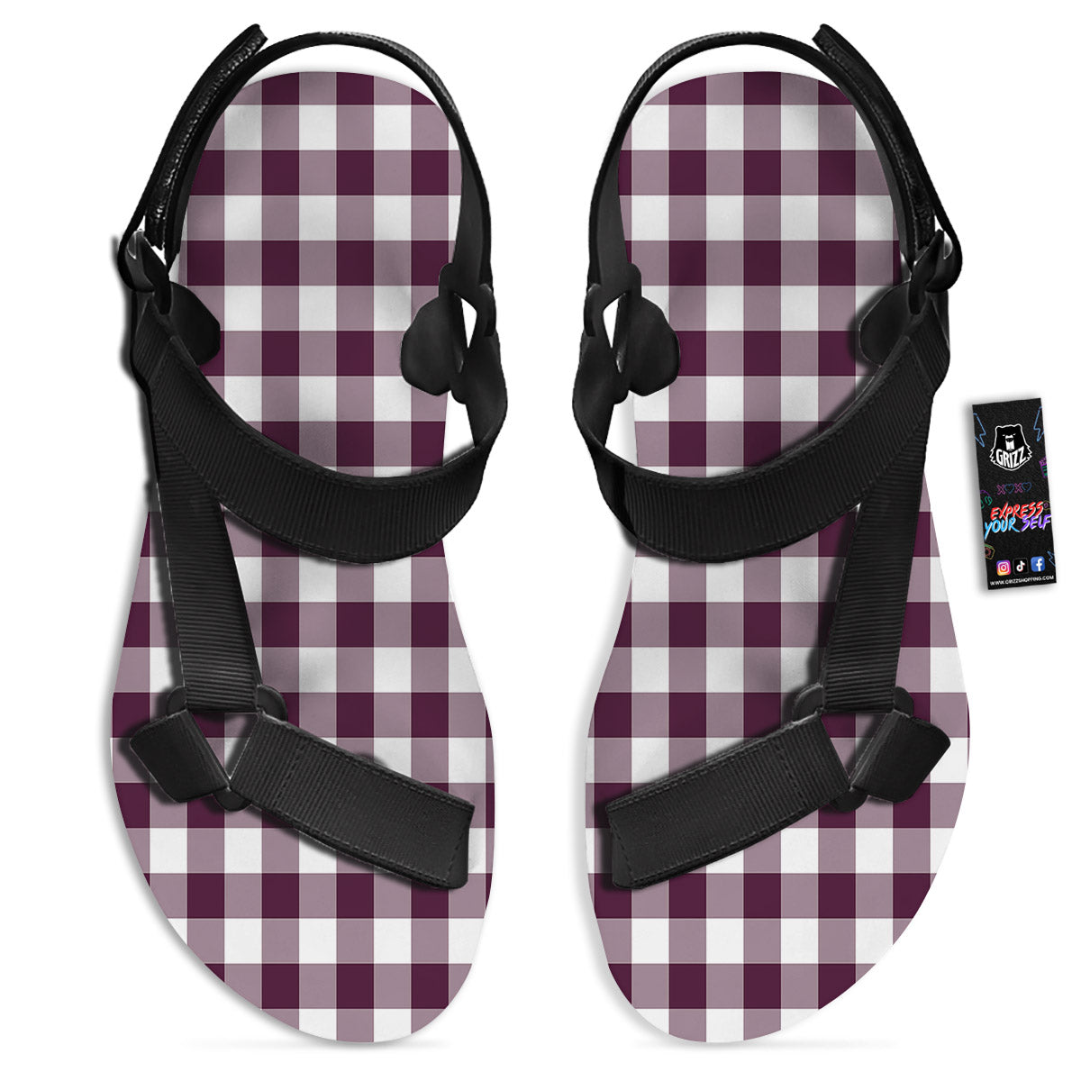 Check White And Burgundy Print Pattern Black Open Toe Sandals-grizzshop
