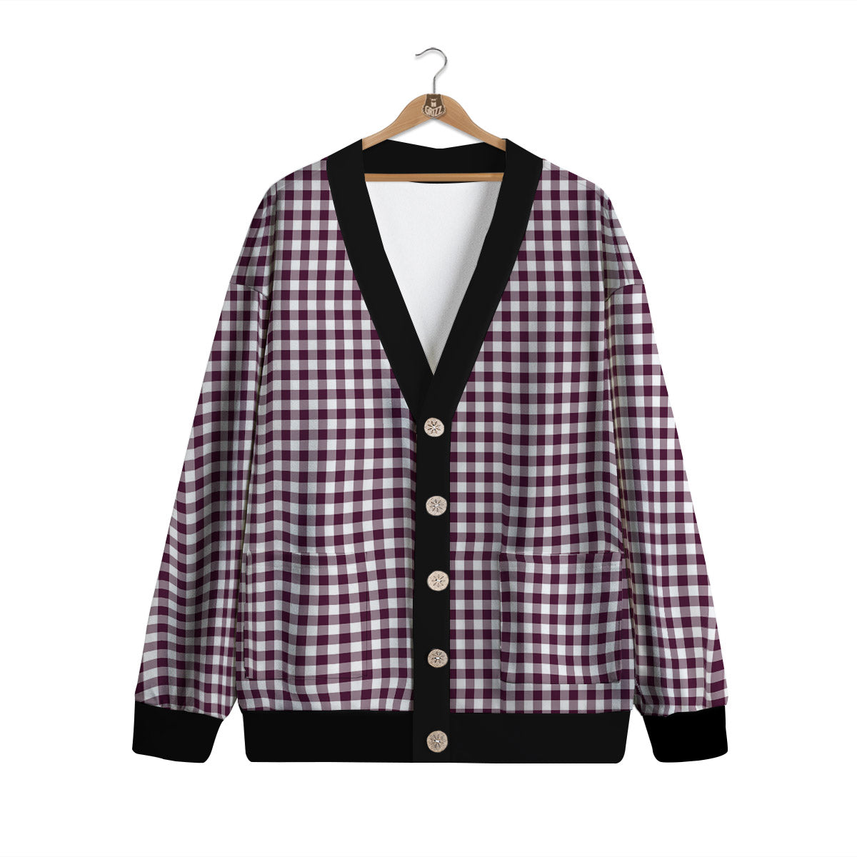 Check White And Burgundy Print Pattern Cardigan-grizzshop