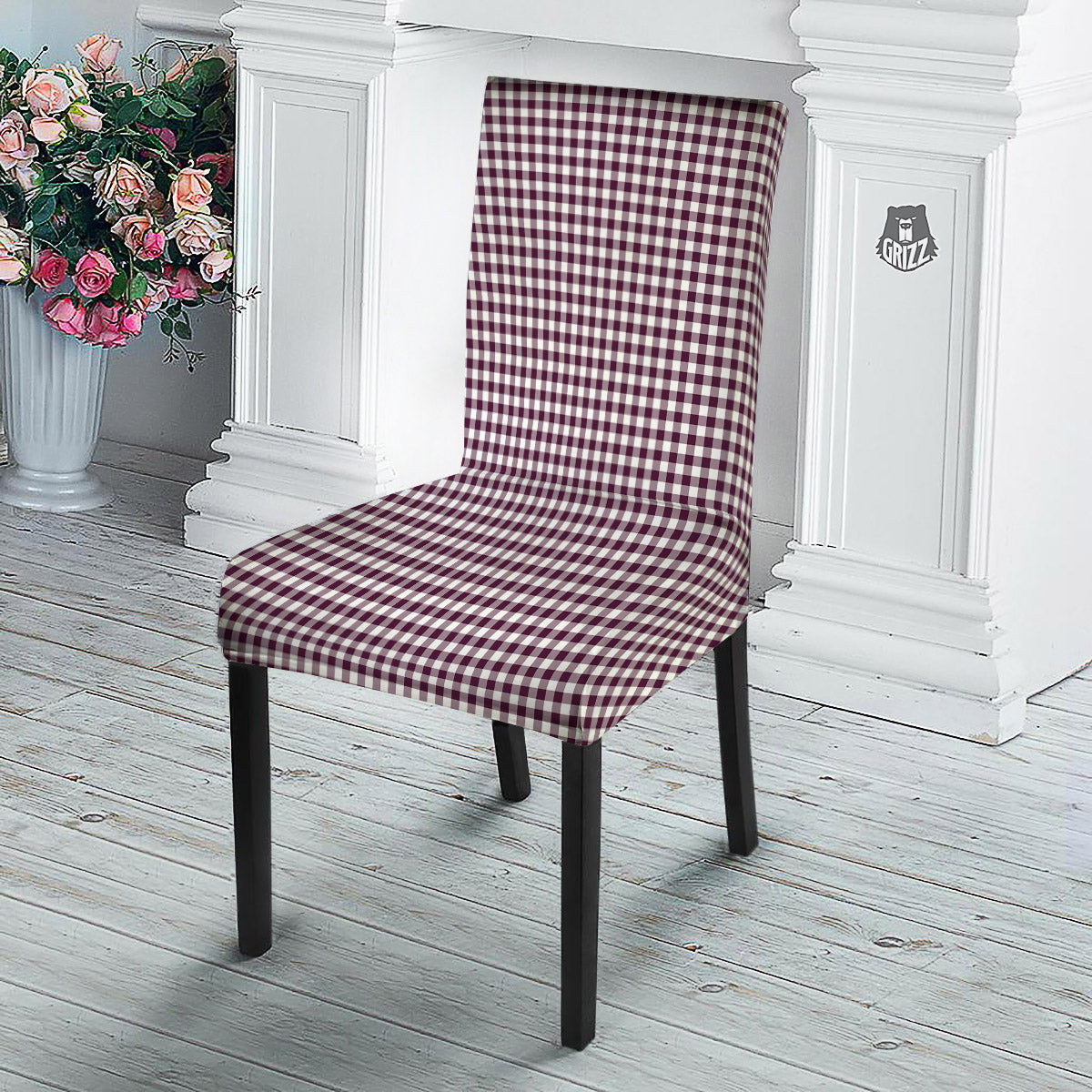 Check White And Burgundy Print Pattern Dining Chair Slipcover-grizzshop