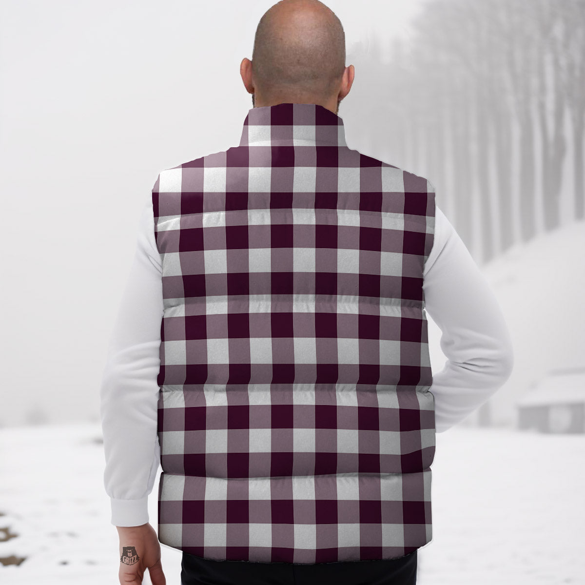 Check White And Burgundy Print Pattern Down Vest