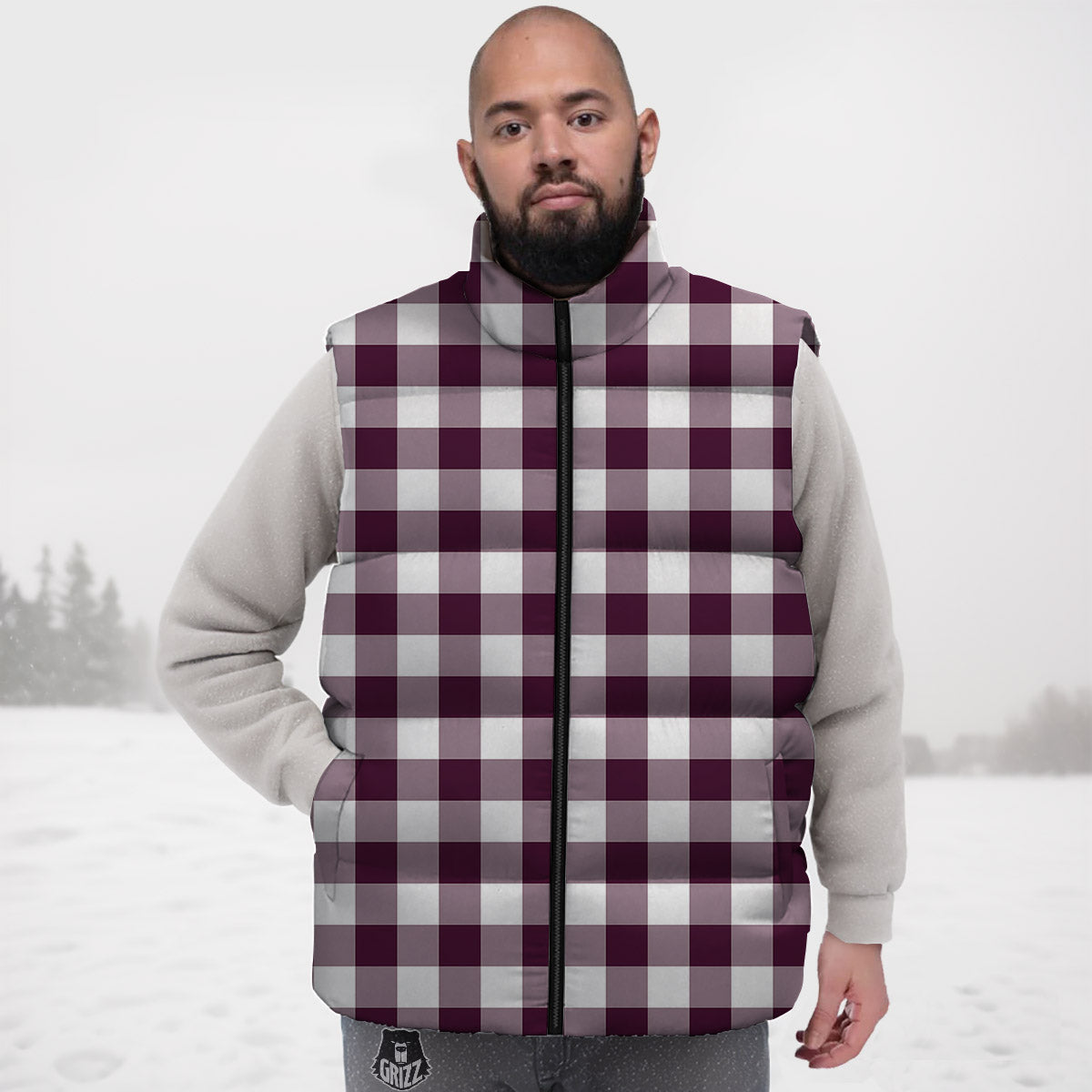 Check White And Burgundy Print Pattern Down Vest