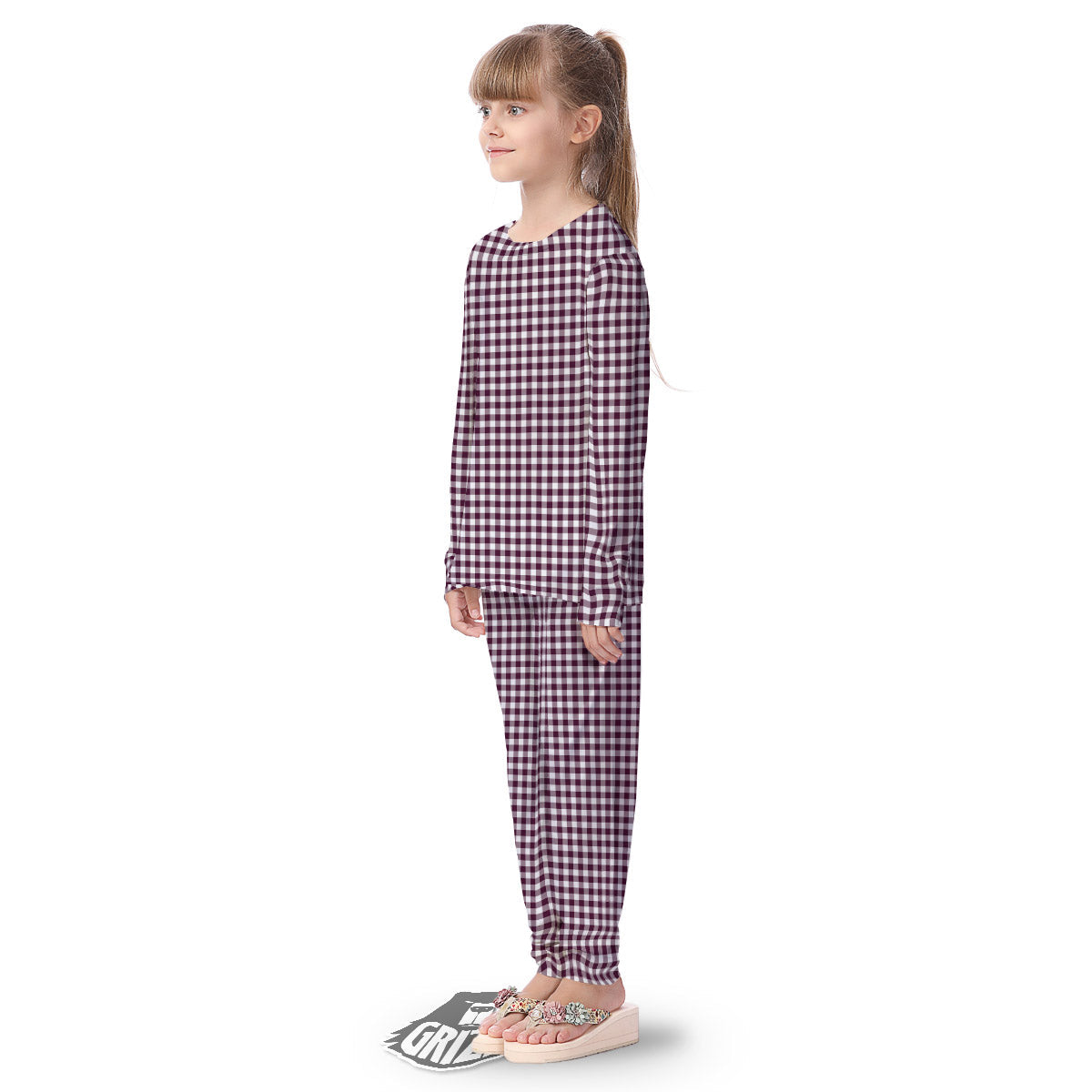 Check White And Burgundy Print Pattern Kid's Pajamas-grizzshop