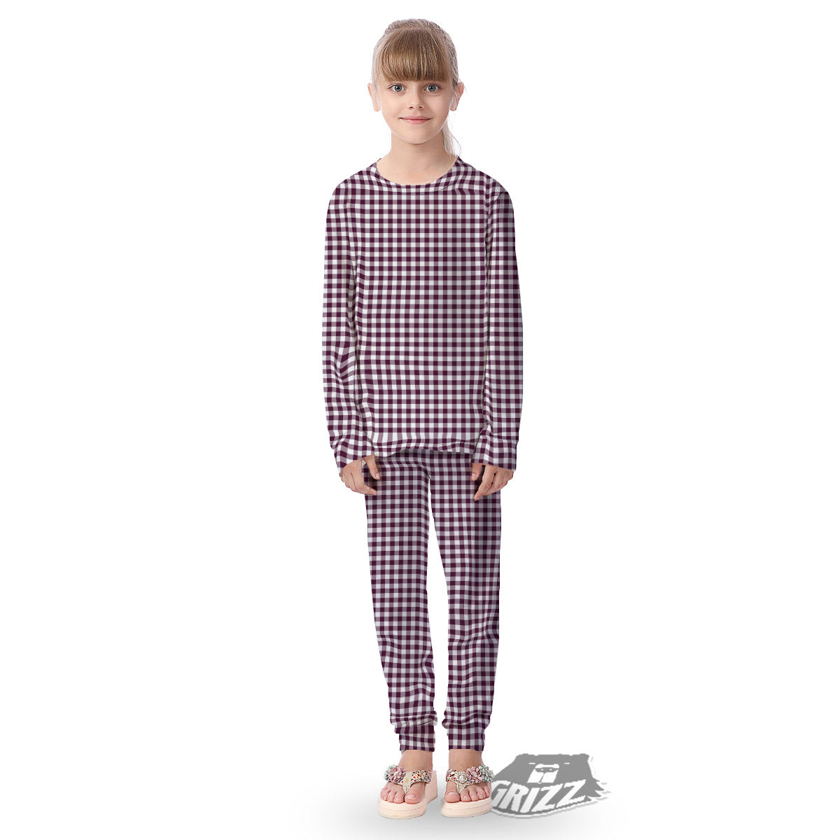 Check White And Burgundy Print Pattern Kid's Pajamas-grizzshop