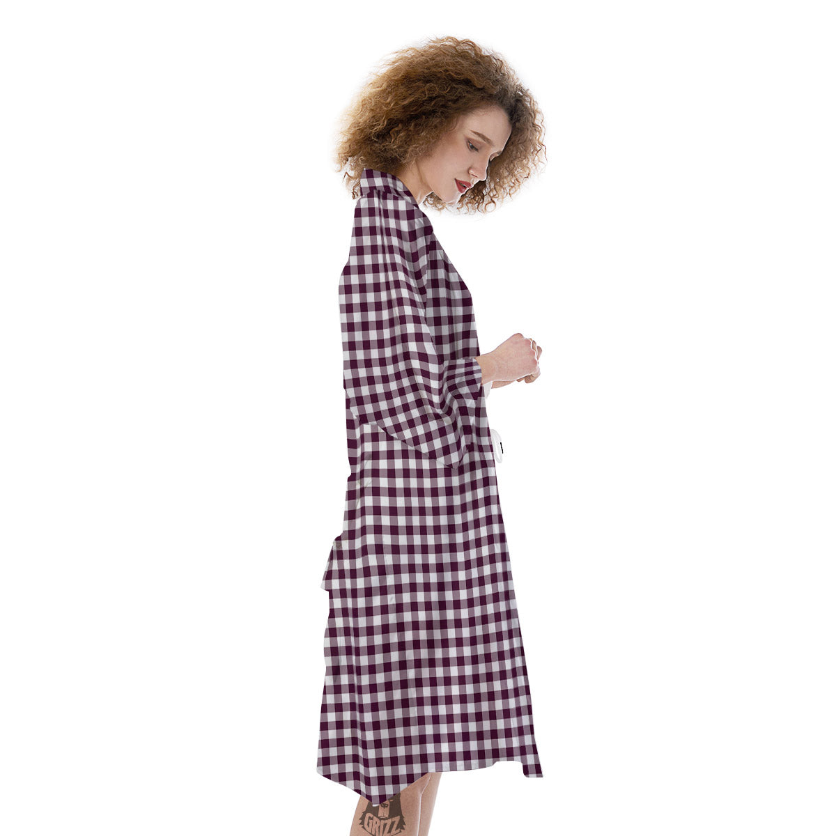 Check White And Burgundy Print Pattern Kimono-grizzshop