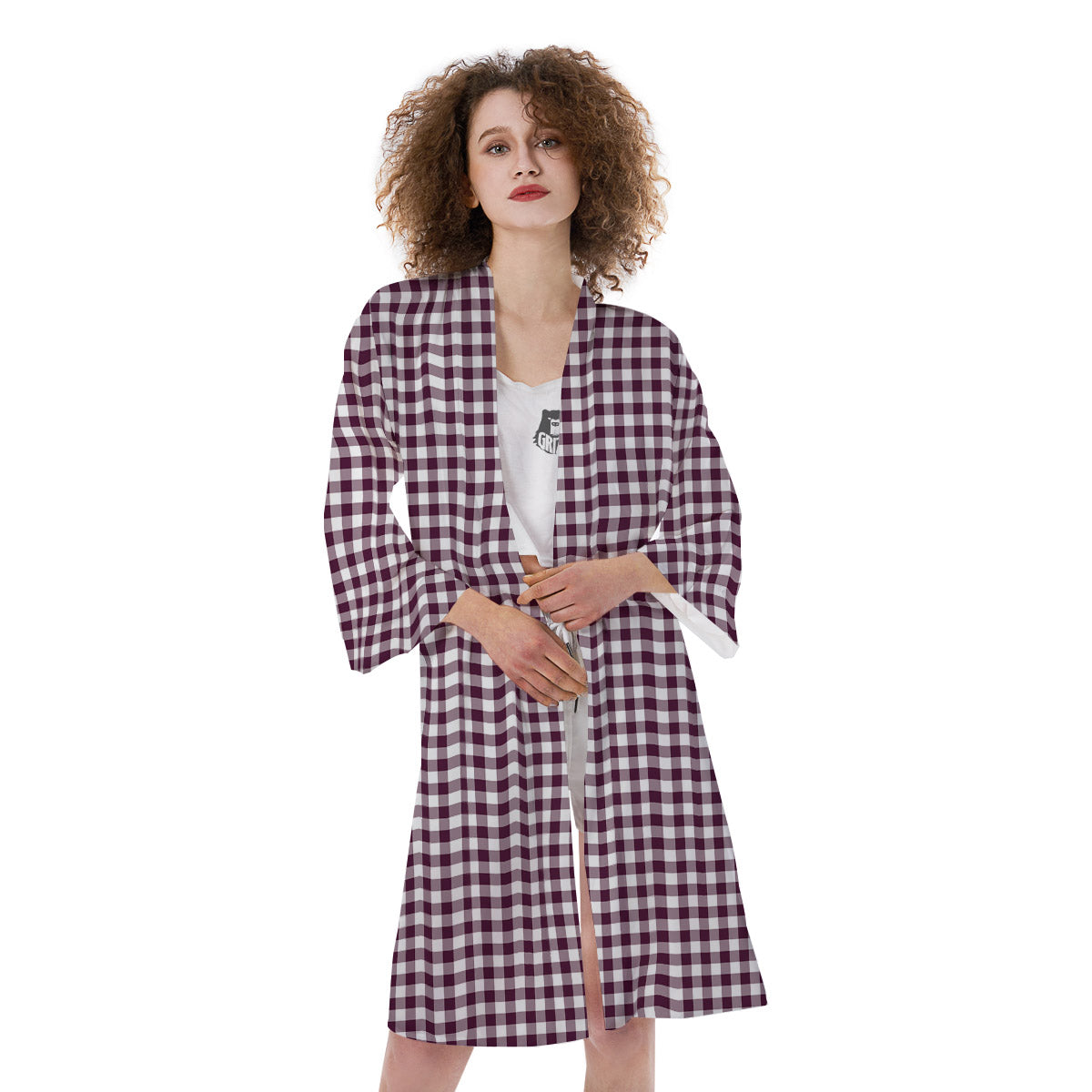 Check White And Burgundy Print Pattern Kimono-grizzshop