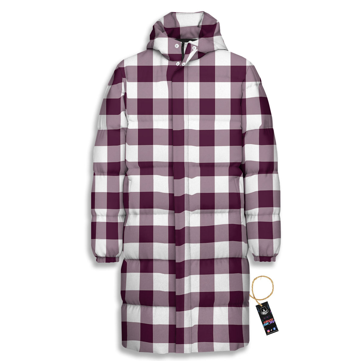 Check White And Burgundy Print Pattern Long Down Jacket-grizzshop