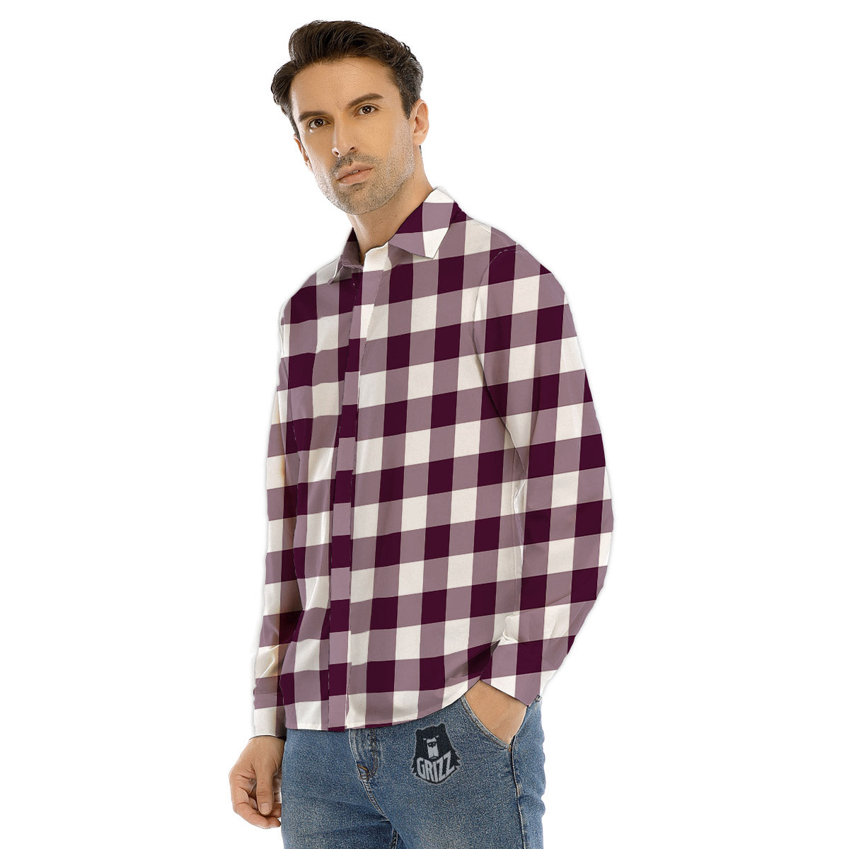 Check White And Burgundy Print Pattern Men's Dress Shirts-grizzshop