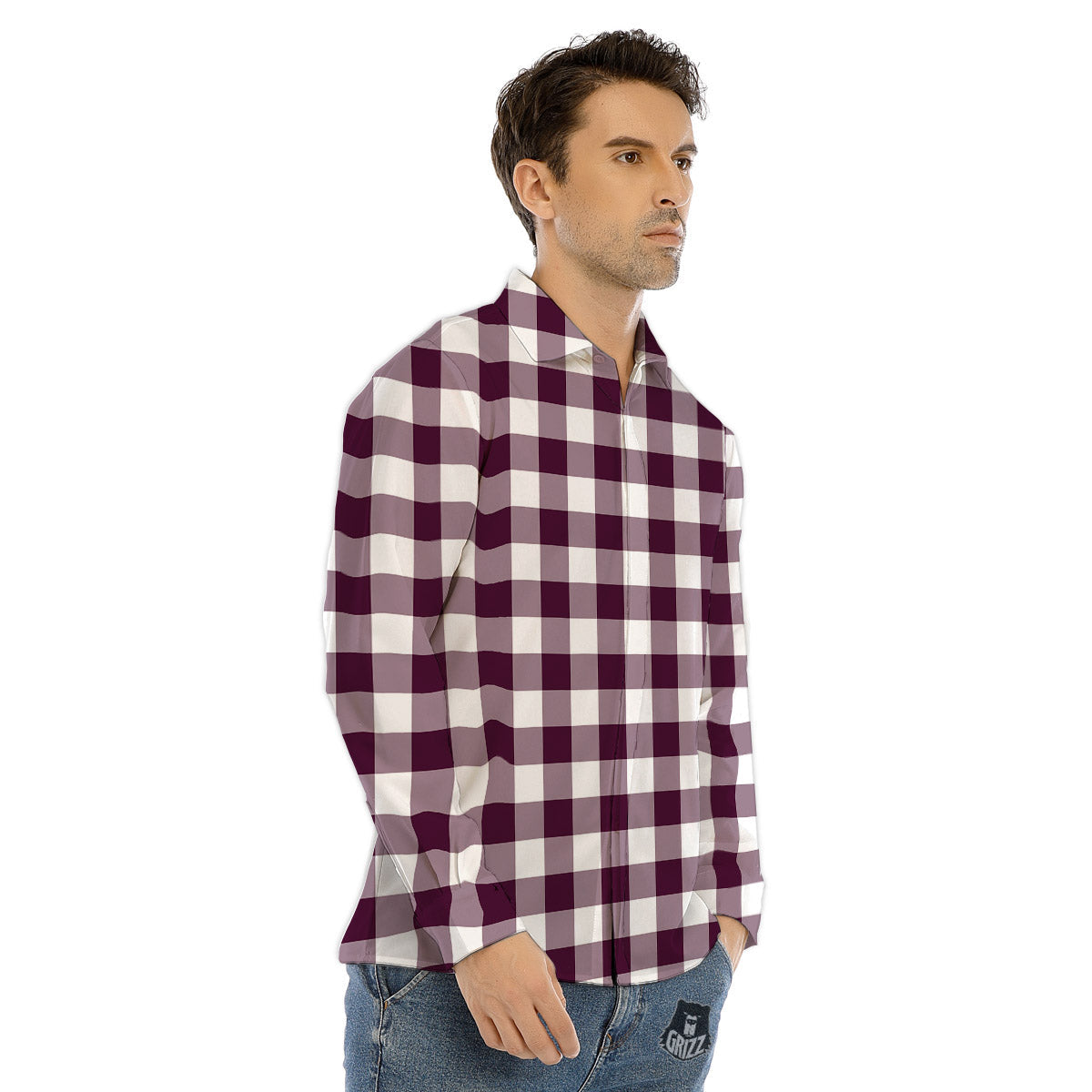 Check White And Burgundy Print Pattern Men's Dress Shirts-grizzshop